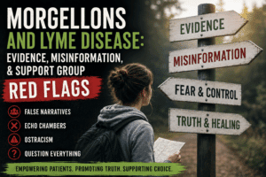 Morgellons and Lyme disease featured image showing a patient at a signpost choosing between evidence, misinformation, fear and control, and truth and healing.