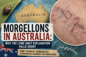 Graphic showing a map of Australia, a tick, skin fibers, and spirochete imagery for an article about Morgellons in Australia and why the Lyme-only explanation may fall short.