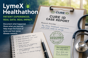 LymeX Healthathon featured image showing a CURE ID Case Report, patient treatment notes, and a stethoscope.