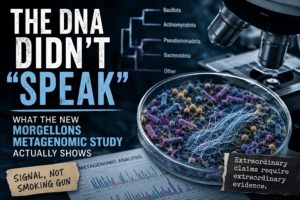Featured image for an analysis of the 2026 Morgellons metagenomic study and its reported microbial signature.