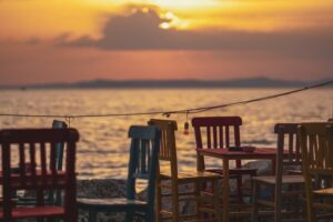 seaside table set at sunset