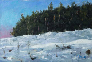 Snow-covered field beside a dark pine forest under a clear blue sky, original winter landscape oil painting by Andrea Bocedi