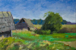 Sunlit rural landscape with old wooden barns, a green meadow and a willow tree under a blue summer sky, original oil painting by Andrea Bocedi