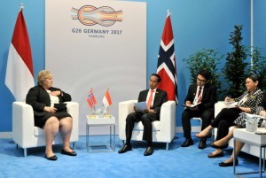 a bilateral meeting between President Jokowi and Prime Minister Erna Solberg in Hamburg Messe, Germany, on Saturday (8/7)