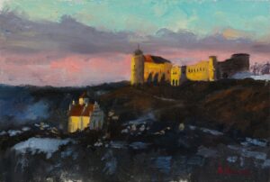 Landscape oil painting of Janowiec Castle in Poland with glowing golden-hour light, winter snow and dramatic evening sky.