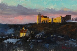 Janowiec Castle winter evening oil painting, distant castle landscape with golden hour sky and winter atmosphere