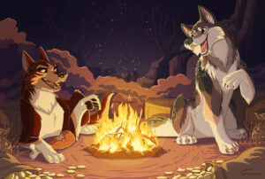Two cartoon dogs sitting by a campfire with a desert night setting. Bags of gold, boxes full of loot and food are sitting around them framing the scene.