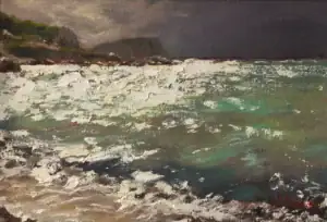 Original oil painting by Andrea Bocedi showing Lu Pultiddolu beach in northern Sardinia near Rena Majore, with turquoise sea, stormy sky and rocky coastal light