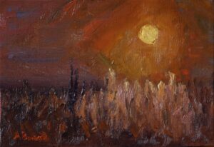 Oil painting of hazy august sunset over wild field by Andrea Bocedi