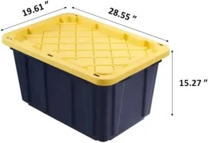 Heavy-duty storage bin with yellow lid, 28.55 x 19.61 inches, ideal for organizing household or office supplies in durable plastic.