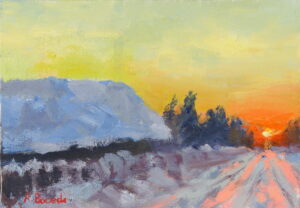 Small oil painting of a snowy landscape at sunset with glowing winter light reflecting across a frozen country road.