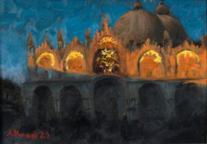 Original oil painting of St. Mark's Basilica in Venice, Italy, glowing in warm evening light beneath a deep blue sky, by Andrea Bocedi.