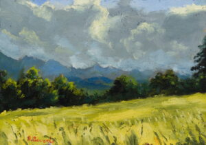 Original oil painting of the Belianske Tatras with dramatic storm clouds, green meadow and mountain landscape by Andrea Bocedi.