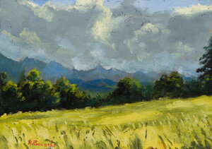 Original oil painting of the Belianske Tatras with dramatic storm clouds, green meadow and mountain landscape by Andrea Bocedi.