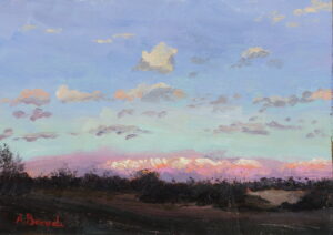 Original oil landscape painting of a pastel evening sky with glowing clouds over the countryside by Andrea Bocedi.