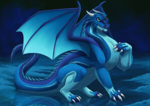 A blue dragon in an ice cavern.