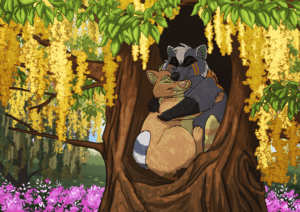 Two raccoons hugging each other inside the hollow of a tree, surrounded by yellow flowers that are growing on the tree branches.