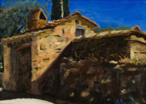 Traditional Tuscan stone oven beside a farmhouse at Villa a Tolli near Montalcino, captured in a plein air oil painting by Andrea Bocedi.
