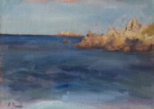 La Liccia Beach original plein air oil painting by Andrea Bocedi, calm sea in Sardinia with distant rocks and bright morning light