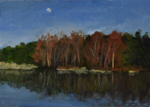 Lake view in a forest sky with moon oil painting