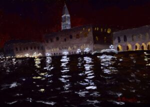 Palazzo Ducale, the Doge’s Palace in Venice, illuminated at night and reflected in the lagoon, original oil painting by Andrea Bocedi