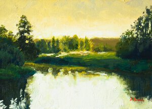 Calm river reflecting golden evening light, surrounded by dark green trees and distant hills, original landscape oil painting by Andrea Bocedi