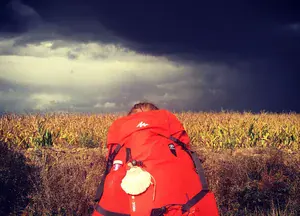 hiking in a field