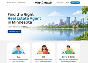 A laptop screen displaying the MinnMatch homepage, featuring a clean blue and white real estate agent matching interface with custom illustrations of a house, a realtor, and a couple, set against a Minnesota lake background.