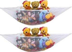 Colorful plush stuffed animals and toys in a white fabric hammock for kids, ideal for a cozy play space or nursery decor, emphasizing comfort and playful design.