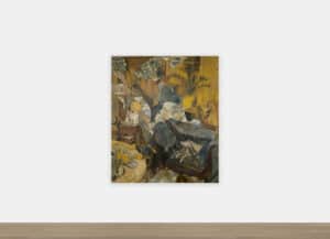 An expressive contemporary painting by artist Dean Fox titled Keeping the Books on the Shelf, featuring a cluttered interior scene with a figure, books, and vibrant yellow flowers in a rich, textured style.