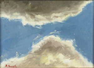 Original oil cloud study with dramatic backlit clouds against a deep blue sky, plein air oil painting by Andrea Bocedi.