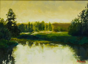 Original oil painting of the Zagożdżonka River near Kozienice with golden evening light reflected in calm water