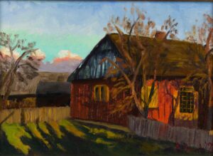 Old red wooden house illuminated by warm evening light in the Polish countryside, original oil painting by Andrea Bocedi