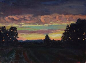 An oil painting of a dramatic cloudy sky sunset painted by Andrea Bocedi