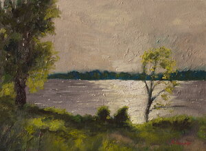 Original oil painting of a quiet river landscape with trees, reflective water and soft cloudy sky