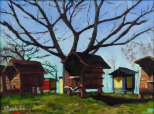 Original oil painting of traditional wooden beehives in the Polish countryside beneath an old tree, expressive rural landscape by Andrea Bocedi.
