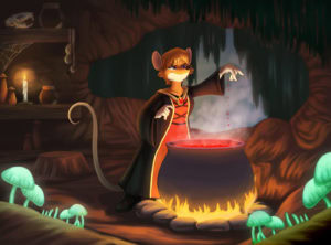 Anthropomorphic mouse brewing a potion in a dark lair.