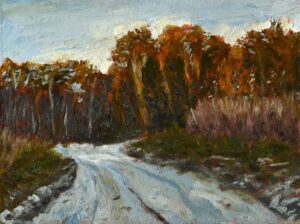 Winter forest road clearing afternoon light oil painting