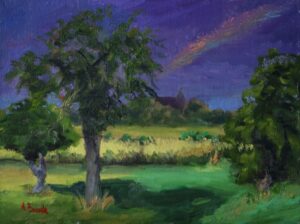 Oil painting by Andrea Bocedi of dark stormy clouds with a rainbow over a field with apple trees