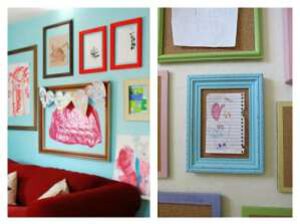 Colorful gallery wall with framed artwork and decorative accents in a cozy living space, showcasing vibrant home decor ideas for personalized wall art.