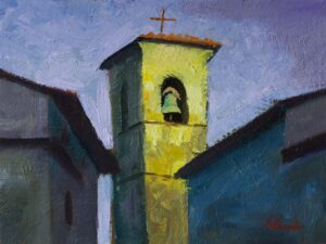 Bell tower of Pieve di San Michele rising above rooftops in Carmignano, Tuscany, original oil painting by Andrea Bocedi