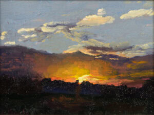 Original oil painting of a dramatic August sunrise over a forest, glowing morning sky with expressive clouds and warm golden light.