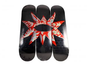 Lot #14258A – Yayoi Kusama Flowering Heart Triptych Skateboard Deck Set Limited Edition Artist Skateboards Flowering Heart