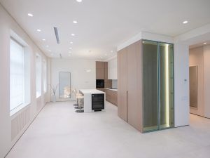 Современная кухня с белым островом, винным шкафом и встроенной техникой