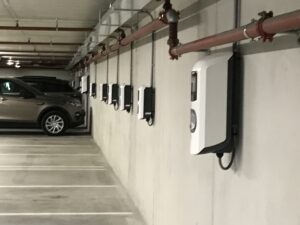 Electric vehicle chargers in parking garage