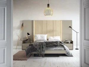 Dormitorio de matrimonio moderno original con cabecero alto