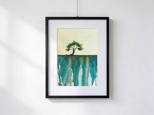 Black tree with golden touches on cliff edge above turquoise abyss, with birds in flight in serene sky, watercolor 30×40 cm with mat