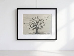Dark gray leafless tree on a veiled gray background with a flock of birds in flight, watercolor with ink and pencil, 30×40 cm with passe-partout