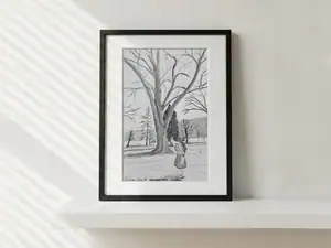 Bambina e grande albero spoglio nel Parco della Pace, acquarello in toni di grigio di Gordana Majic con montagne sullo sfondo.