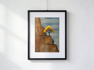 Watercolor of an imaginary canyon-like landscape, with rocky walls in warm tones and a lone tree emerging from the rock in a desert valley.